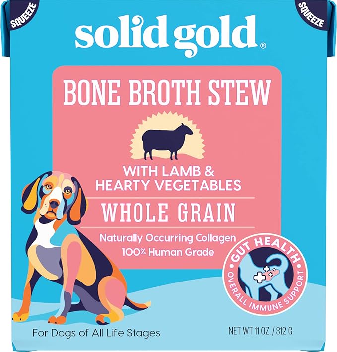 Solid Gold Bone Broth Stew - Dog Food Topper & Dog Treat Rich in Natural Collagen for Gut Health - Grain Free Formula Packed with Protein & Hearty Vegetables - Great for Picky Eaters - 6 Pack