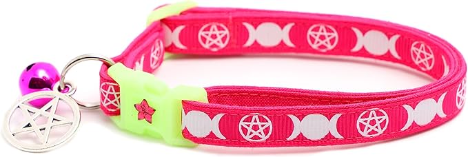 Wicca Cat Collar with Occult Charm & Bell | Witch’s Familiar Cat Collar | Witch Kitten Collar Charms | Glow in The Dark | Safety Breakaway Collar (Large(10lbs & Up), Bright Pink)