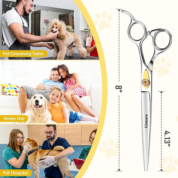 Gimars 8 Inch Professional 440C Stainless Steel Dog Grooming Scissors Heavy Duty 6 In 1 - Straight, Thinning, Chunker, Curved Shears and Comb, Ergonomic Pet Grooming Scissor for Dogs, Cats