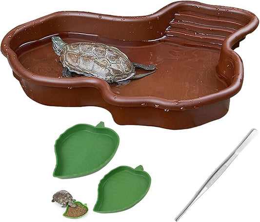 Reptile Water Pool for Turtle Bathing - Reptile Habitat Accessories and Enclosure for Salamander, Bearded Dragon, Lizard, Frog, Snake, Gecko - Reptile Food Feeding Water Bowl & Tweezers & Bath Tub Set