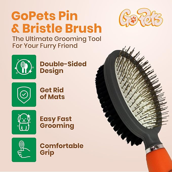 GoPets Professional Double-Sided Pin & Bristle Brush: Pet Grooming Comb, Dogs & Cats of All Breeds, Removes Shedding, Dirt, & Mats from Short, Medium, or Long Hair, Ergonomic Handle Comfortable