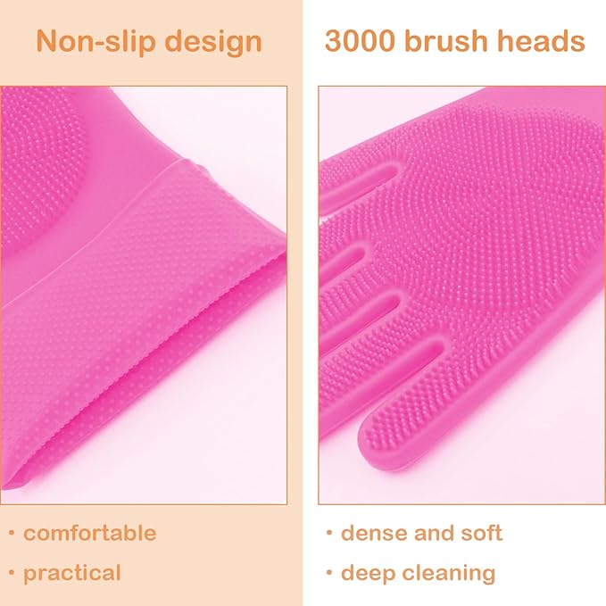 Pet Grooming Gloves, Dog Bathing Gloves with High-Density Teeth, Heat Resistant Silicone Cat Hair Remover with Enhanced Five Finger Design, Bathing and Massaging for Dogs and Cats (Pink)