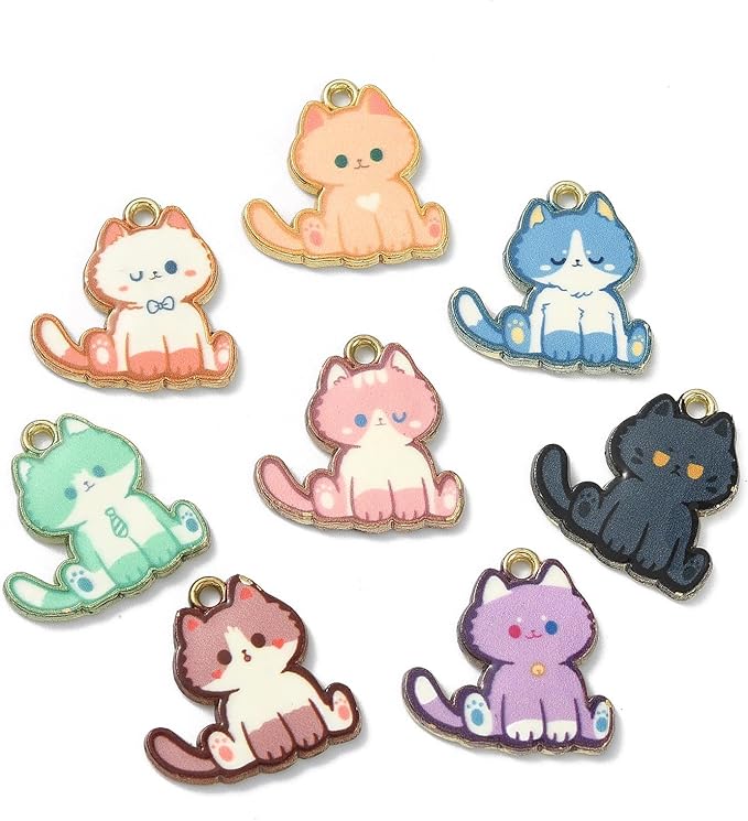 KitBeads 16pcs 8 Styles Kitten Charms Cartoon Animal Pet Charms Flower Printed Mini Cat Charms for Jewelry Making Bracelets Bulk