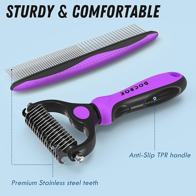 Pet Grooming Brush and Metal Comb Combo, Cat Brush Dog Brush for Shedding, Undercoat Rake for Dogs Grooming, Dematting Deshedding Brush Dogs Shedding Tool for Long matted Haired Pets, Purple