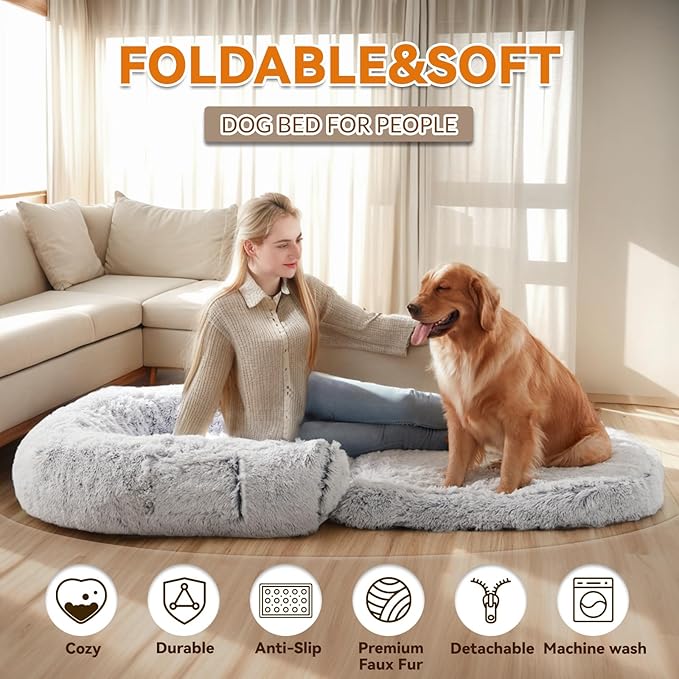 2 in 1 Foldable Large Human Dog Bed Luxury Fur Human Size Dog Bed for People,Waterproof Washable Giant Dog Bed Adjustable Fits Pet Families with Orthopedic Foam Supportive Dog Sofa