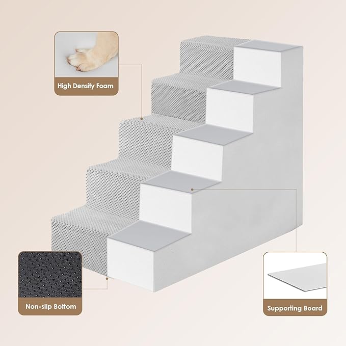 EHEYCIGA Dog Stairs for High Bed 22.5”H, 5-Step Dog Steps for Bed, Pet Steps for Small Dogs and Cats, Non-Slip Balanced Dog Indoor Ramp, Light Grey