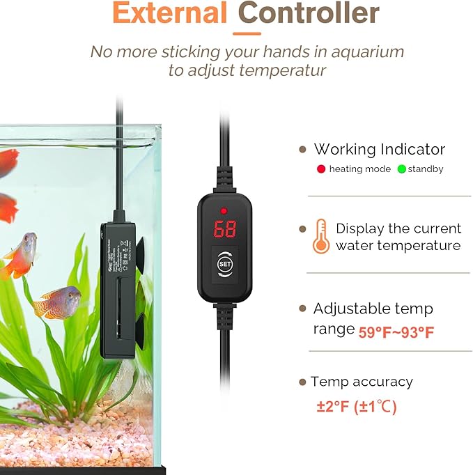 hygger Mini Fish Tank Submersible Heater 50W for 5-10 Gallons Small Betta Aquarium Heater with Digital Display Controller Adjustable Temperature