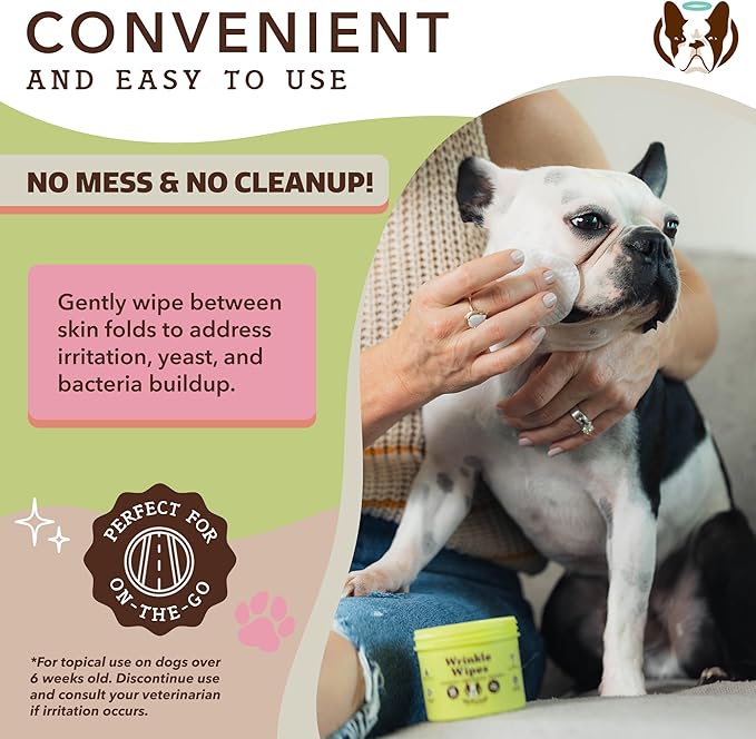 Natural Dog Company Wrinkle Wipes for Dogs, 50 Count, Hypoallergenic Dog Wipes, Wrinkle Wipes French Bulldog, Cleaning & Deodorizing, Dog Wipes for Grooming Faces, Paws & Butts