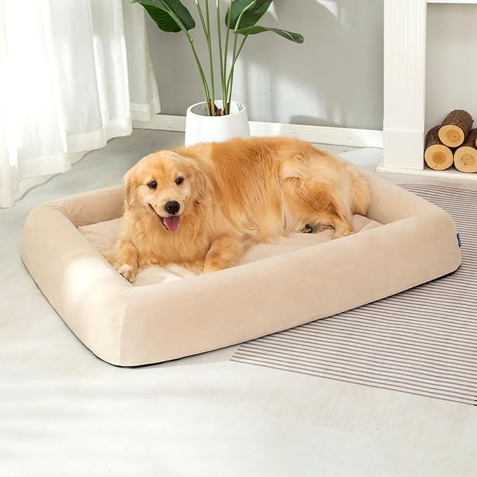 Orthopedic Dog Bed for Large Dogs Waterproof Pet Bed Soft Sofa with Two Fabrics Washable Removable Cover Egg Foam Support Anti-Slip Bottom Extra Head and Neck Support Sleeper,XXL Beige