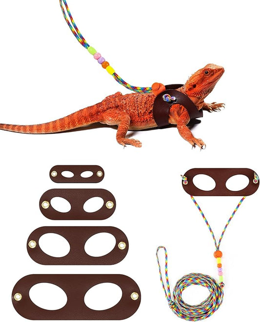 Bearded Dragon Lizard Leash Harness,4 Size Pack Adjustable Small Animal Harness for Reptile and Small pet (Brown)