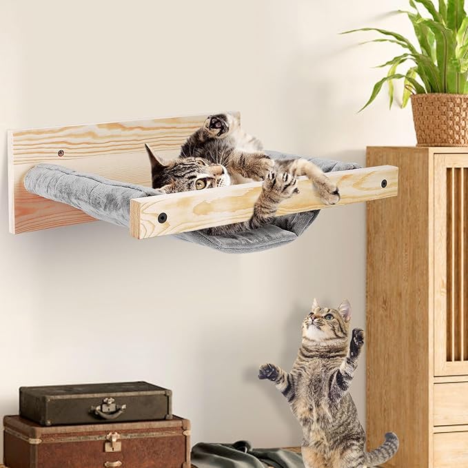 Almcmy Cat Hammock Wall Mounted, Floating Cat Shelves for Wall, Wooden Cat Beds and Perches for Wall, Holds up to 33 lbs, Cat Wall Furniture for Sleeping, Playing, Climbing, Lounging