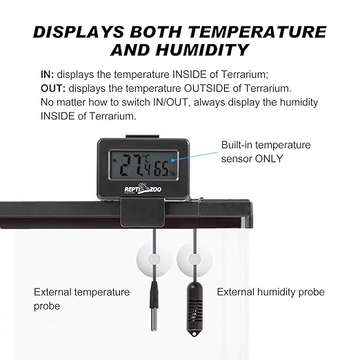 REPTI ZOO Reptile Terrariums Digital Max Min Thermometer Hygrometer with Probes Fit for Reptile Tanks Vivariums Brooders and Incubators, Multiple Mounting Options