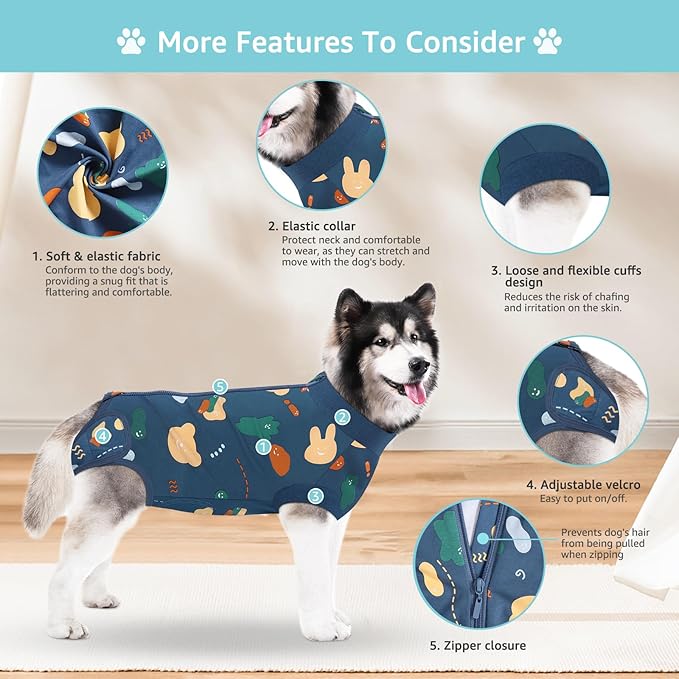 Recovery Suit for Dogs, Dog Surgery Recovery Suit with Zipper Closure Post Spay, Neuter, Abdominal Surgical Suit for Male Female Dogs Can Pee, Prevent Licking Dog Onesies, Blue Bear, 2XL