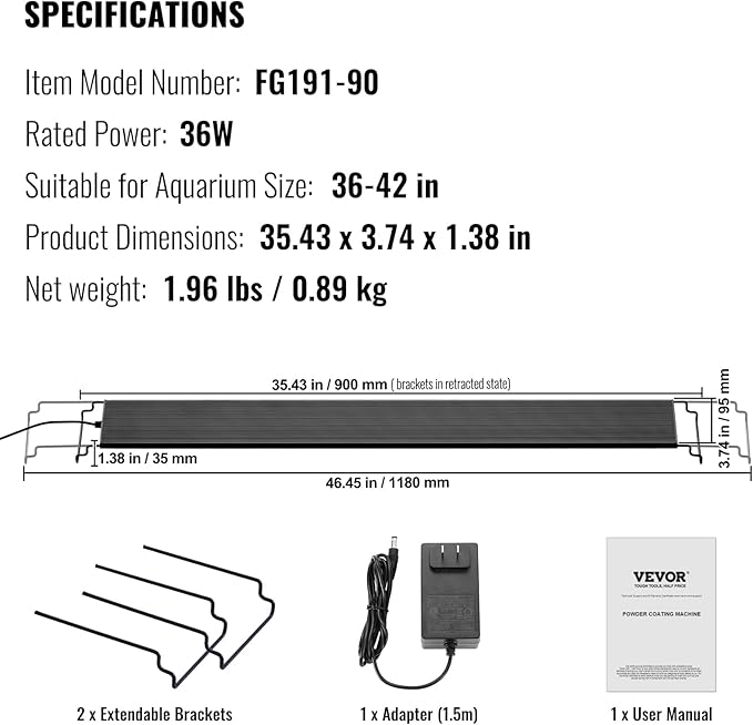 VEVOR Aquarium Light with LCD Monitor, 36W Full Spectrum Fish Tank Light with 24/7 Natural Mode, Adjustable Brightness & Timer - Aluminum Alloy Shell Extendable Brackets for 36"-42" Freshwater Tank
