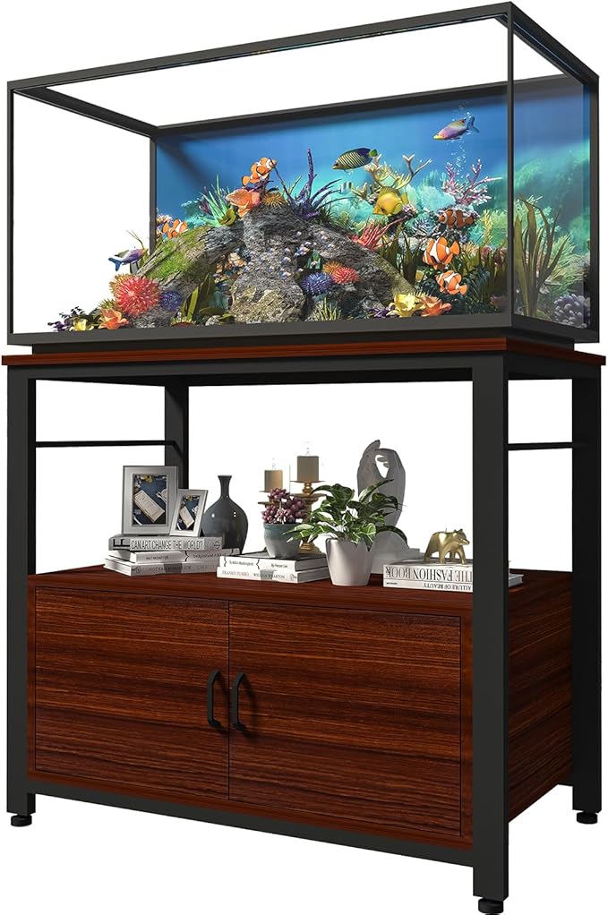 Fish Tank Stand Metal Aquarium Stand with Cabinet Accessories Storage 40-50 Gallon, Double Layer Metal with Storage Weight Capacity 760lbs, Black Teakwood Brown