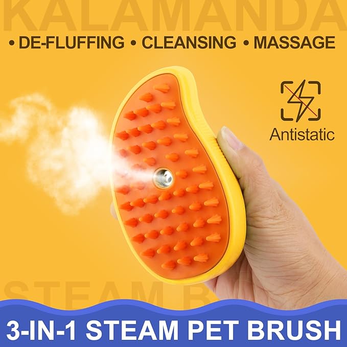 Cat Steam Brush, 3 in 1 Cat Steamy Brush Cleanser, Silicone Massage Grooming Brush, Pet Hair Cleaning Brush Comb for Cats Dogs(Mango Yellow)