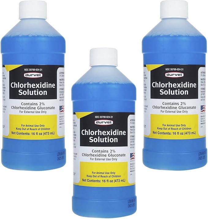 Durvet 3 Bottles of Chlorhexidine Solution, 16 Ounces each, for Cleaning Superficial Wounds on Dogs and Horses