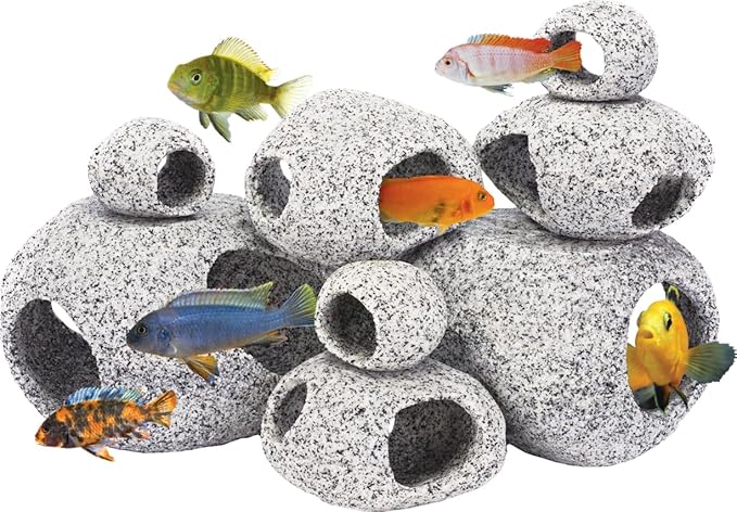 Penn-Plax Deco-Replicas Granite Aquarium Ornament & Hideaway 8 Piece Set – Realistic Stone Appearance – Safe for Freshwater and Saltwater Tanks – Small, Medium, and Large