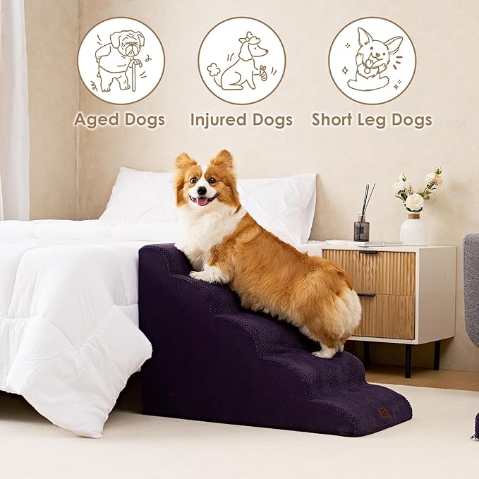 EHEYCIGA Curved Dog Stairs for High Beds 22.6" H, 5-Step Dog Steps for Small Dogs and Cats, Pet Stairs for High Bed Climbing, Non-Slip Balanced Pet Step Indoor, Purple