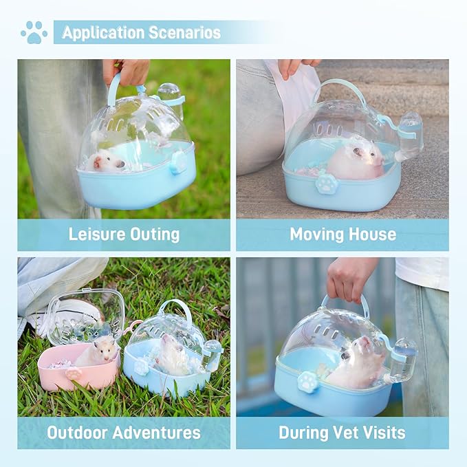 BUCATSTATE Small Animal Carrier Cage with Water Bottle, Portable Hamster Travel Carrier Carry Case 7.24" L*6.69 W *6.42" H for Small Pets, Gerbils, Mice, Dwarf Hamster (Blue)