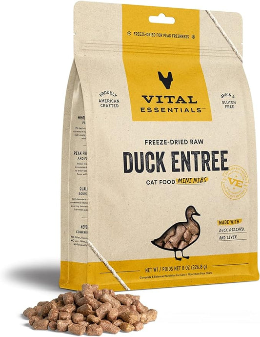 Vital Essentials Freeze Dried Raw Cat Food, Duck Mini Nibs Entree, 8 oz