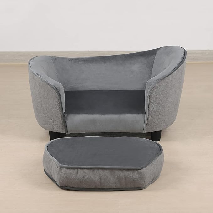 Pet Sofa Bed, Velvet & Linen Fabric Pet Couch Chair with Removeable & Washable Cushion for Small Dogs Cats (Light gray)