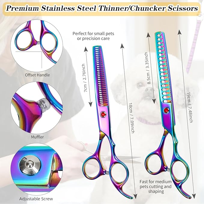 Dog Grooming Scissors, Maxshop Heavy Duty Titanium Pet Grooming Trimmer Kit, Professional Thinning Shears, Curved Scissors with Comb for Dogs and Cats (Colorful Set of 5)