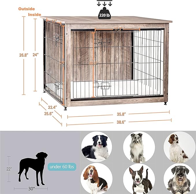 DWANTON Dog Crate Furniture with Cushion, Large Wooden Dog Crate with Double Doors, Dog Furniture, Indoor Dog Kennel, Dog House, Large, 38.5" L, Greige