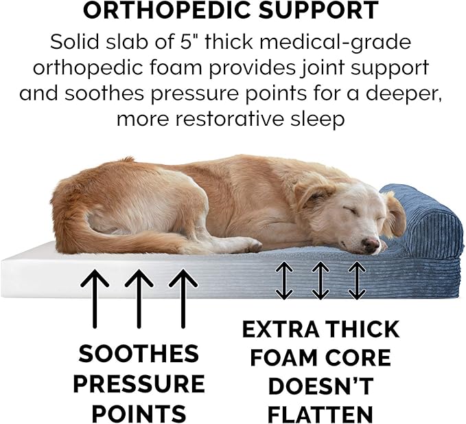 Furhaven Orthopedic Dog Bed for Large Dogs w/ Removable Bolster & Washable Cover, For Dogs Up to 125 lbs - Fleece & Corduroy Bolster Chaise - Navy Blue, Jumbo Plus/XXL