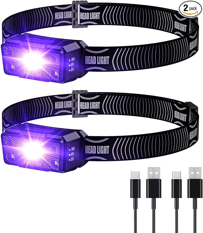 COSOOS 2 Mini UV Headlamp Flashlight Black Light, Rechargeable LED Hand Free Blacklight 395nm Headlight with White & Ultraviolet Light, Detector for Pet Dog Cat Urine Stain,Bed Bug,Scorpions