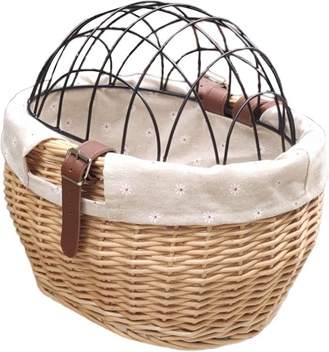 Bike Pet Carrier, Bike Basket for Small Dogs Cats Pet Carrier Front Basket with Wire Mesh Cover (Wood Color)