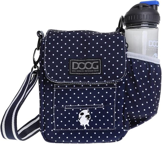 DOOG | Walkie Bag | Adjustable Shoulder Bag with Poo Bag Compartment and Water Bottle Compartment | Navy with Polka Dots