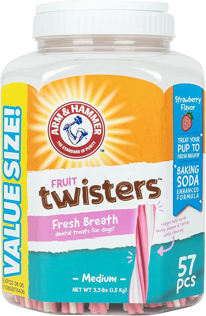 Arm & Hammer Fruit Twisters Fresh Breath Dental Treats for Dogs in Fruity Strawberry Flavor Baking Soda Dog Treats for Dental Health (Pack of 6, 342 Count Total)