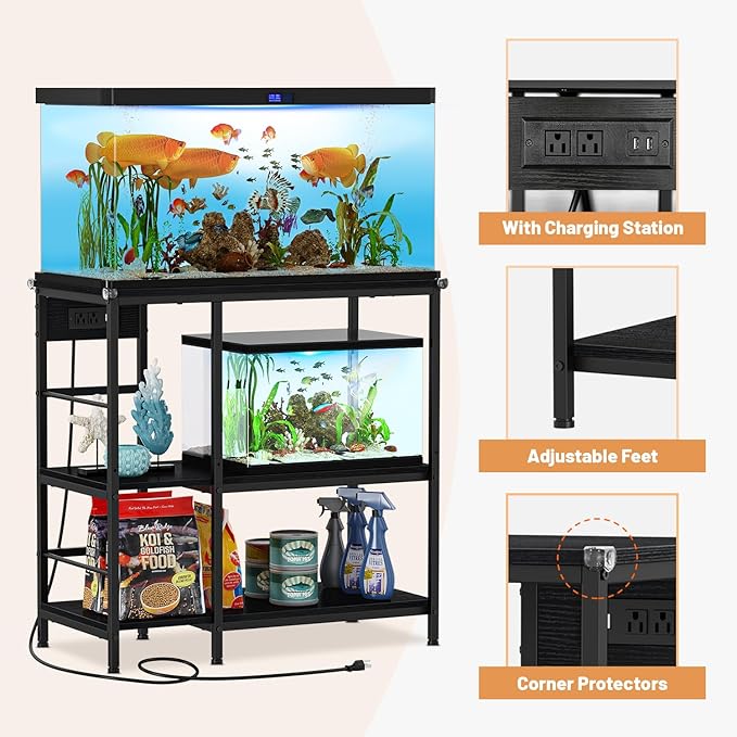 Snughome Fish Tank Stand with Charging Station, 10-29 Gallon Aquarium Stands 3-Tier, Adjustable Fish Tank Shelf for Home Heavy Duty Metal 33.07" x 16.53" x 32.67", Black