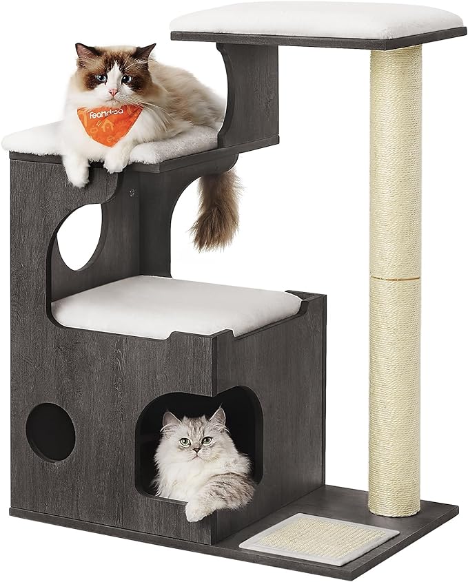 Feandrea WoodyWonders Cat Tree, 33.8-Inch Modern Cat Tower, Cat Condo with 3 Perches, Scratching Post and Mat, Cave, 4 Removable Washable Cushions, Misty Gray UPCT070G02