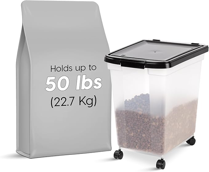 IRIS USA WeatherPro Airtight Dog Food Storage Container 50 Pound, Removable Wheels, for Dog Cat Bird Pet Food Storage Bin, Keep Fresh, Translucent Body, Easy Mobility, Clear/Black