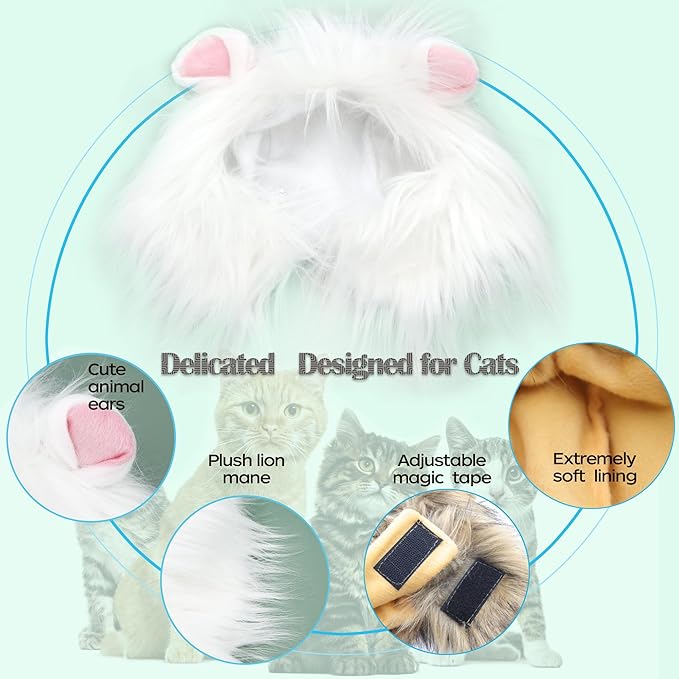 Lion Mane Wig for Cat Costume Pet Adjustable Washable Comfortable Fancy Lion Hair Cat Clothes Dress for Halloween Christmas Easter Festival Party Activity (Small, White)