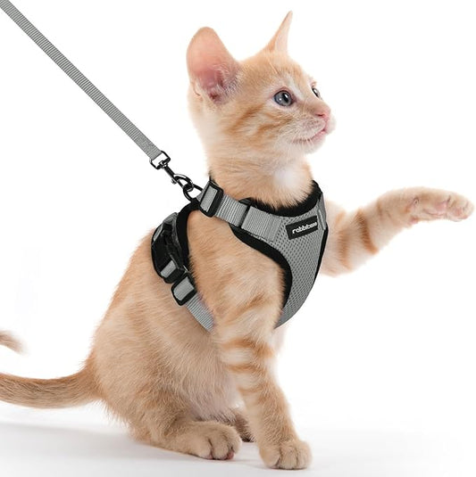 rabbitgoo Cat Harness and Leash for Walking, Escape Proof Soft Adjustable Vest Harnesses for Cats, Easy Control Breathable Reflective Strips Jacket, Grey, XXS