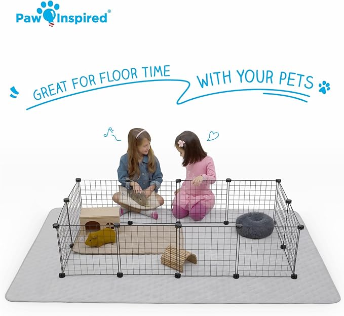 Paw Inspired 80x50” Waterproof Playpen Mat | Super Absorbent Fleece Cage Liner with Non-Slip Bottom | Pet Play Pen Pad for Dogs, Rabbits, Guinea Pigs, Hamsters, Small Animals (Light Gray)