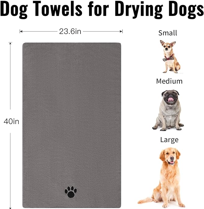 3 Pack Microfiber Dog Towels for Drying Dogs, Super Absorbent and Soft Pet Grooming Towel, 40 Inch X 23.6 Inch, Perfect Dog Drying Towels for Large, Medium or Small Dogs, Grey