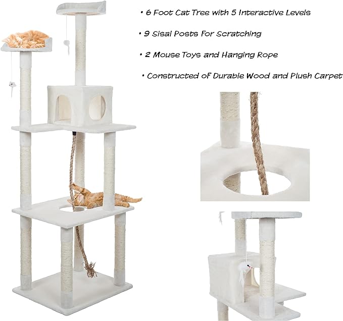 Cat Tree - 6-Foot Cat Tower for Indoor Cats with Napping Perches, Kitty Condo, 9 Cat Scratching Posts, 2 Hanging Toys, and Rope by PETMAKER (Ivory)