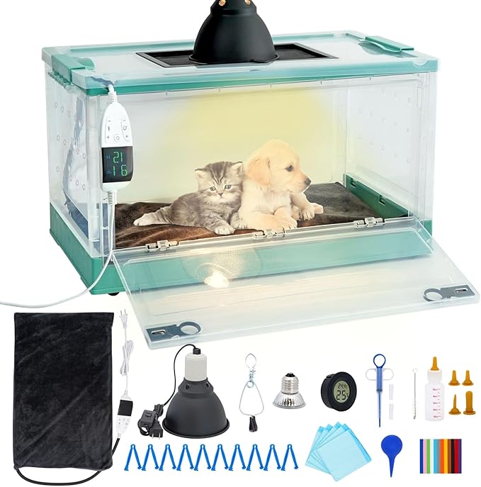 Puppy Incubator with Heating Pad, Pet Dog Incubator for Puppies Kitten Incubator with Temperature Control Incubator for Kittens Dogs Chicks Goslings Bunnies Birds Reptiles (55L)