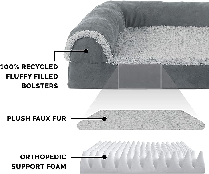 Furhaven Orthopedic Dog Bed for Large Dogs w/ Removable Bolsters & Washable Cover, For Dogs Up to 95 lbs - Two-Tone Plush Faux Fur & Suede L Shaped Chaise - Stone Gray, Jumbo/XL
