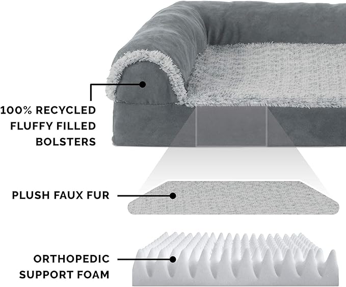 Furhaven Orthopedic Dog Bed for Large/Medium Dogs w/ Removable Bolsters & Washable Cover, For Dogs Up to 55 lbs - Two-Tone Plush Faux Fur & Suede L Shaped Chaise - Stone Gray, Large