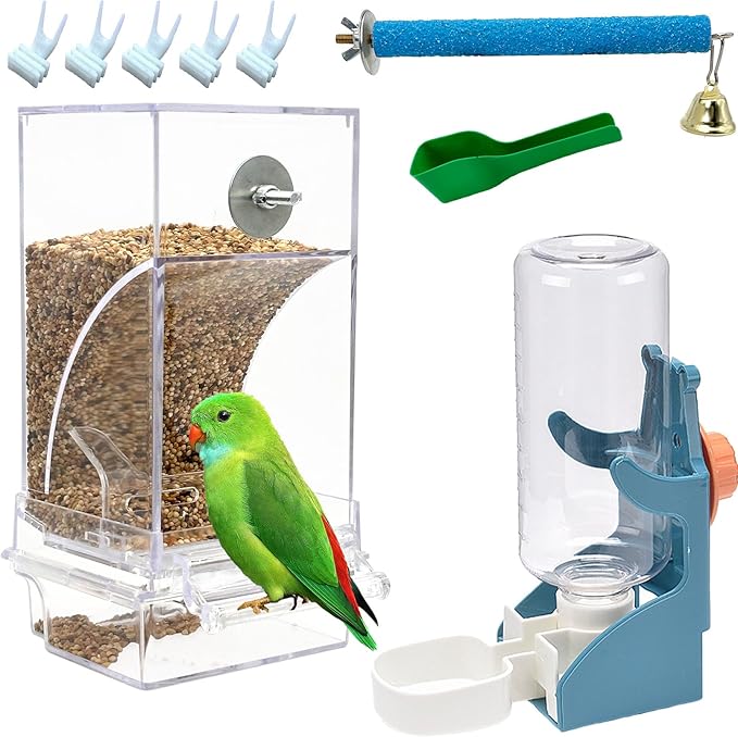 No Mess Bird Feeder Water Dispenser Set of 9 Automatic Parrot Feeder Drinker Acrylic Adjustable Parakeet Seed Food Container Cage Accessories for Lovebirds Finches Budgies Canaries