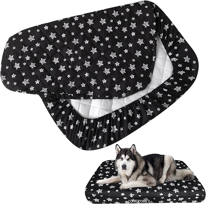 Dog Bed Covers Replacement Washable Pet Hair Easy to Remove, Waterproof Dog Bed Covers Noiseless Quilted, Pet Bed Cover Lovely Black Star Print, Puppy Bed Cover 44x54 Inches, for Dog/ Cat, Cover Only