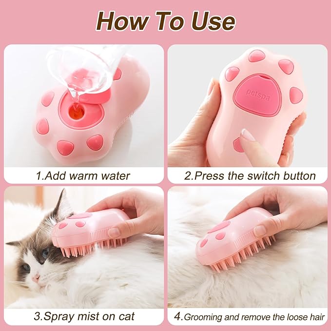 Cat Steam Brush, 3 in 1 Cat Steamy Brush, Silicone Massage Grooming Brush, Pet Hair Cleaning Brush Comb for Cats Dogs(Pink Cat Paw)