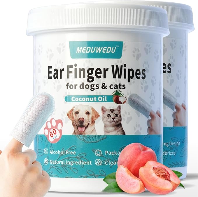 Ear Cleaner Finger Wipes 120 Counts, Dog Ear Cleaner, Grooming Kit Care for Dogs and Cats, Soft & Easy Otic Cleaning Pads, Remove Wax, Dirt & Stop Smelly, Itchy, Non-Irritating, Peach Scent