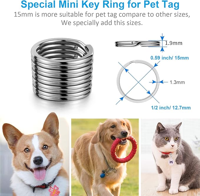 Split Key Ring Circle Assorted, Round Keyring Durable 5 Sizes (1/2 inch, 3/4 inch,1 inch, 1.25 inch, 1.38 inch)