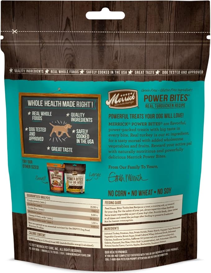 Merrick Power Bites Natural Soft And Chewy Real Meat Dog Treats, Grain Free Snack, Real Turducken Recipe - 6 oz. Bag